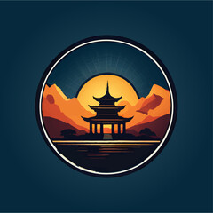 Logo design sunset behind temple 3 color