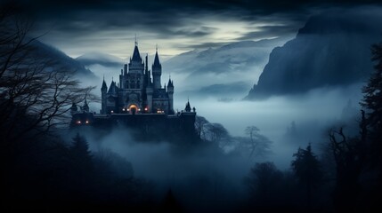 Mystical castle shrouded in darkness.