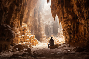 fresh and pure human with cave represents a peaceful and isolated sanctuary with its enduring rock formations, serene underground atmosphere, and ability to provide a refuge from outside world - obrazy, fototapety, plakaty