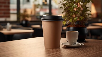 Paper coffee cup placed on a table.