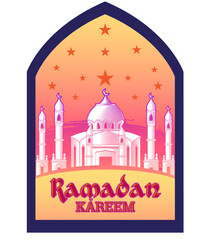 Ramadan Kareem set of posters, cards, holiday covers. Modern beautiful design with mosque, moon crescent, stars in the sky, arches window and lantern. 