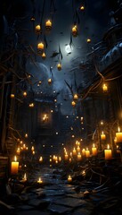 Halloween background with candles in dark room. Halloween concept. 3D Rendering