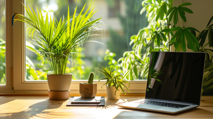 Modern workplace with houseplants near window in office