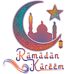 Ramadan Kareem set of posters, cards, holiday covers. Modern beautiful design with mosque, moon crescent, stars in the sky, arches window and lantern. 