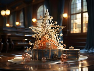 Fototapeta na wymiar A golden christmas star on a table in a church. 3d rendering