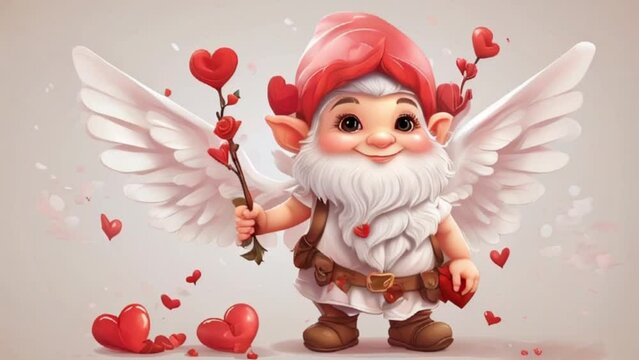 Cute cartoon valentine gnome cupid with wings, motion