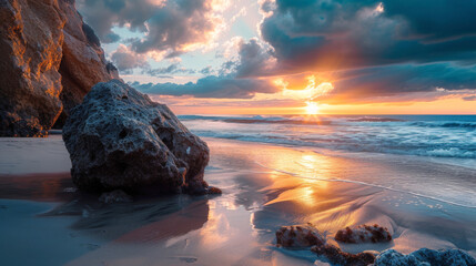 a beautiful inviting beach scene with sunset sky. AI generative - obrazy, fototapety, plakaty