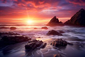 a beautiful inviting beach scene with sunset sky. AI generative