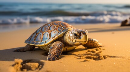 Turtle crawls on the sand by the sea.