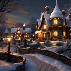 Foto op Plexiglas 3D render of a Christmas cottage in a snowy forest at night © Iman