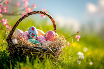 Colorful eggs Easter in a basket in spring sunny blooming cherry orchard. generative ai. - obrazy, fototapety, plakaty
