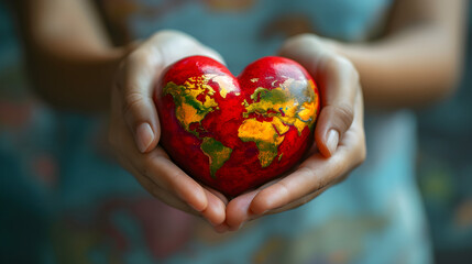 Woman's hands holding red heart with world map, symbolizing world heart day concept and global awareness for health and unity.