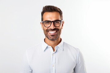 Portrait of happy young man in eyeglasses over white background