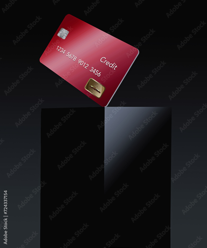 Poster a red credit card or debit card is seen on top of a black box in a 3-d illustration.