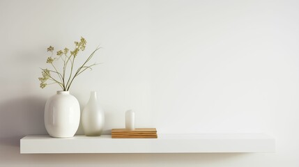 Wooden shelf adorns a pristine white wall.