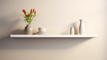 Fototapeta na wymiar Wooden shelf adorns a pristine white wall.