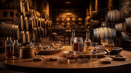 Wooden table with barrels of whiskey and wine.