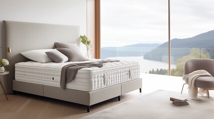White mattress with by soft pillows. - obrazy, fototapety, plakaty