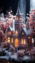 Christmas and New Year holiday background. Christmas decorations in the form of a house and a tree with pink flowers