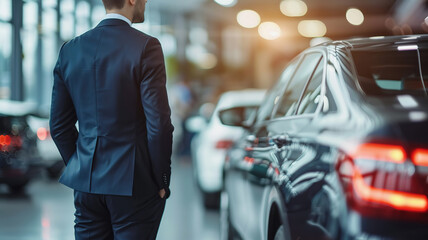 Rear view of professional man in suit in car showroom