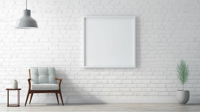 Fototapeta White brick wall with a hanging white frame.