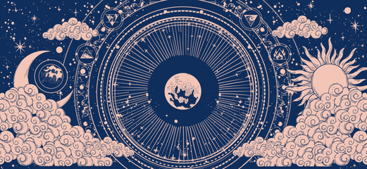 Mystical heavenly banner with sun and moon, shining planet in outer space, astrology card for zodiac. Vector hand drawn illustration. Universe pattern with stars and clouds.