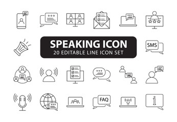Speaking icon set black fill. Communication icons collection. Containing discussion, speech bubble, talking and consultation. Speak icons Pixel perfect. Mobile, message, support, ....