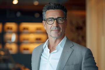 Fototapeta premium Middle aged man in optical store. Customer trying on new glasses