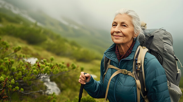 Energetic senior woman hiking in the wilderness on an overcast day.