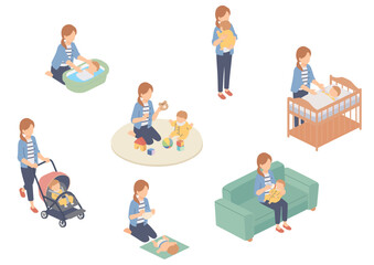 赤ちゃんのお世話をする女性のアイソメトリックイラスト