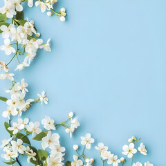 Fototapeta na wymiar Banner with white flowers on light blue background, greeting card template for wedding, mothers or womans day, springtime composition with copy space, flat lay style