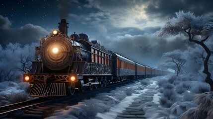 Train on the road in the fog at night. 3d rendering