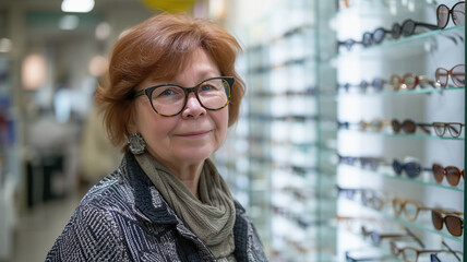 Senior woman in optical store. Customer trying on new glasses
