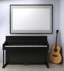 Mockup of A black piano and an acoustic guitar are elegantly displayed, with a photo frame on the...