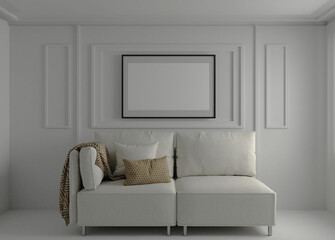 Mockup of an elegant white living room with a white sofa in the center, highlighted by a painting that adds style and sophistication.