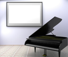 An elegant black grand piano stands out in a white room.