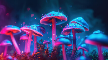 Psychedelic mushrooms in dreamy neon light, closeup
