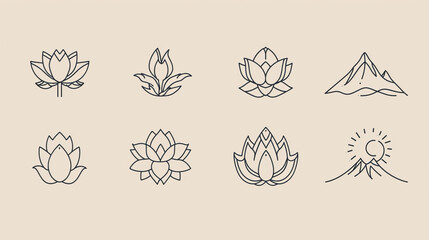 Set of minimalist line art logo template. Simple modern design line graphic badge for brand. Reception service, mountain hill, lotus symbol. Collection vintage line icon sign. Vector Illustration - obrazy, fototapety, plakaty