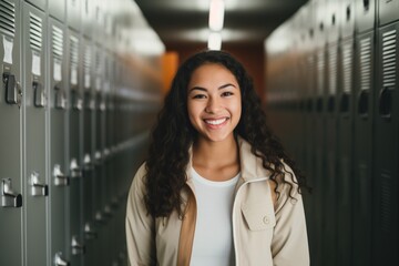 Fototapeta premium Portrait of a smiling african high school student in a high school hallway
