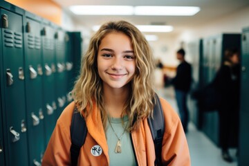 Smiling portrait of a female high school student in a high school