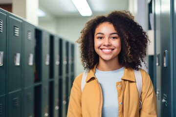 Portrait of a smiling african high school student in a high school hallway - obrazy, fototapety, plakaty