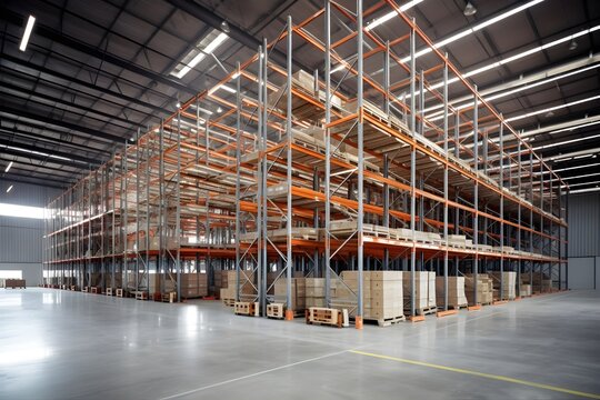 A warehouse full of shelves and some goods in cartons.