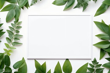 Photo creative layout made of green leaves with paper