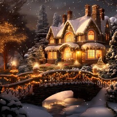 Fototapeta na wymiar Christmas and New Year holiday background. Winter landscape with cozy house and bridge at night.