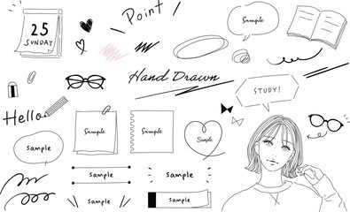 文房具と勉強する女の子の手描きのイラストセット