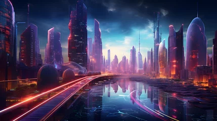 Foto op Canvas Futuristic city at night with neon lights. 3d render © Iman