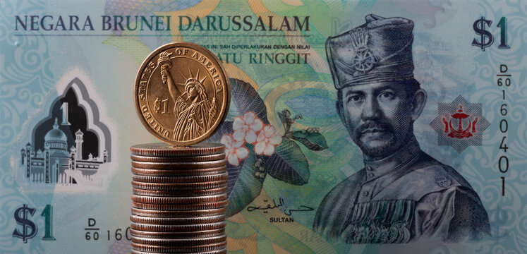 Brunei 1 dollar bill and 1 US dollar coin