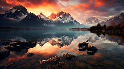 Panoramic view of snow capped mountains reflected in lake at sunrise