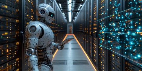 Futuristic Robot Managing Data Center Operations.