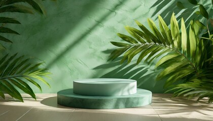 a 3D visualization featuring a summer-themed product display podium with the addition of nature leaves casting shadows. Set against a lush green wall and background, the composition should exude a ref